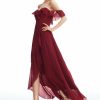 Semi-formal & Cocktail | A-line Off the Shoulder Asymmetrical Chiffon Cocktail Dress With Ruffle Burgundy – Womens