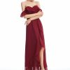 Semi-formal & Cocktail | A-line Off the Shoulder Asymmetrical Chiffon Cocktail Dress With Ruffle Burgundy – Womens