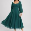 Semi-formal & Cocktail | A-line Off the Shoulder Square Tea-Length Chiffon Cocktail Dress Peacock – Womens