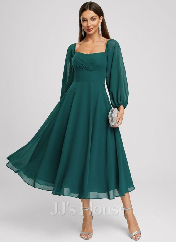 Semi-formal & Cocktail | A-line Off the Shoulder Square Tea-Length Chiffon Cocktail Dress Peacock – Womens