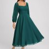 Semi-formal & Cocktail | A-line Off the Shoulder Square Tea-Length Chiffon Cocktail Dress Peacock – Womens