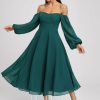 Semi-formal & Cocktail | A-line Off the Shoulder Square Tea-Length Chiffon Cocktail Dress Peacock – Womens