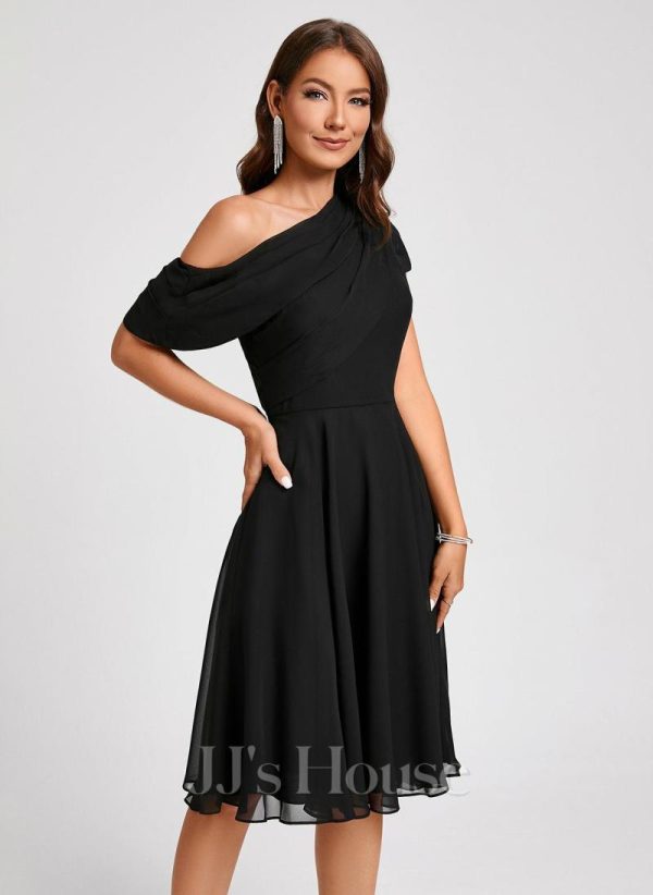 Semi-formal & Cocktail | A-line One Shoulder Knee-Length Chiffon Cocktail Dress With Ruffle Black – Womens