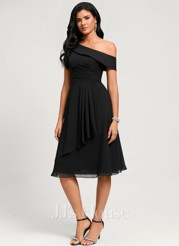 Semi-formal & Cocktail | A-line One Shoulder Tea-Length Chiffon Cocktail Dress With Ruffle Black – Womens