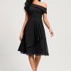 Semi-formal & Cocktail | A-line One Shoulder Tea-Length Chiffon Cocktail Dress With Ruffle Black – Womens