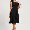 Semi-formal & Cocktail | A-line One Shoulder Tea-Length Chiffon Cocktail Dress With Ruffle Black – Womens