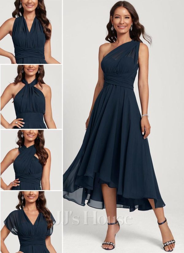 Semi-formal & Cocktail | A-line One Shoulder V-Neck Asymmetrical Chiffon Cocktail Dress Dark Navy – Womens