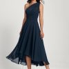 Semi-formal & Cocktail | A-line One Shoulder V-Neck Asymmetrical Chiffon Cocktail Dress Dark Navy – Womens