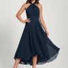 Semi-formal & Cocktail | A-line One Shoulder V-Neck Asymmetrical Chiffon Cocktail Dress Dark Navy – Womens