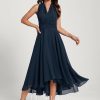 Semi-formal & Cocktail | A-line One Shoulder V-Neck Asymmetrical Chiffon Cocktail Dress Dark Navy – Womens