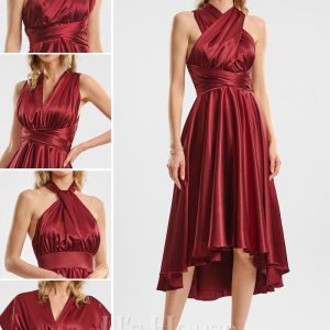 Semi-formal & Cocktail | A-line One Shoulder V-Neck Halter Asymmetrical Stretch Satin Cocktail Dress With Ruffle Burgundy – Womens