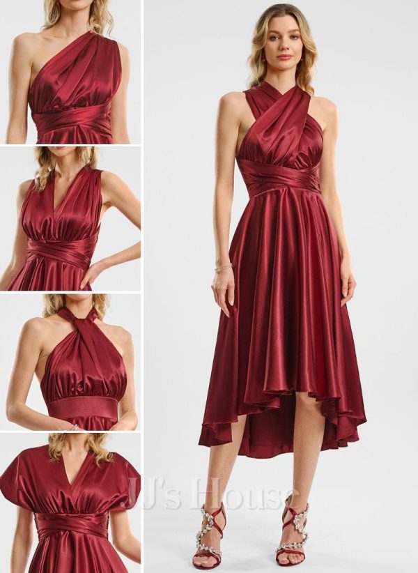 Semi-formal & Cocktail | A-line One Shoulder V-Neck Halter Asymmetrical Stretch Satin Cocktail Dress With Ruffle Burgundy – Womens