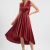 Semi-formal & Cocktail | A-line One Shoulder V-Neck Halter Asymmetrical Stretch Satin Cocktail Dress With Ruffle Burgundy – Womens