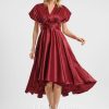 Semi-formal & Cocktail | A-line One Shoulder V-Neck Halter Asymmetrical Stretch Satin Cocktail Dress With Ruffle Burgundy – Womens