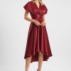 Semi-formal & Cocktail | A-line One Shoulder V-Neck Halter Asymmetrical Stretch Satin Cocktail Dress With Ruffle Burgundy – Womens