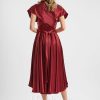 Semi-formal & Cocktail | A-line One Shoulder V-Neck Halter Asymmetrical Stretch Satin Cocktail Dress With Ruffle Burgundy – Womens