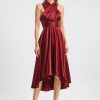 Semi-formal & Cocktail | A-line One Shoulder V-Neck Halter Asymmetrical Stretch Satin Cocktail Dress With Ruffle Burgundy – Womens