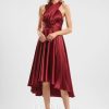 Semi-formal & Cocktail | A-line One Shoulder V-Neck Halter Asymmetrical Stretch Satin Cocktail Dress With Ruffle Burgundy – Womens