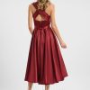 Semi-formal & Cocktail | A-line One Shoulder V-Neck Halter Asymmetrical Stretch Satin Cocktail Dress With Ruffle Burgundy – Womens