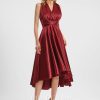 Semi-formal & Cocktail | A-line One Shoulder V-Neck Halter Asymmetrical Stretch Satin Cocktail Dress With Ruffle Burgundy – Womens