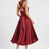 Semi-formal & Cocktail | A-line One Shoulder V-Neck Halter Asymmetrical Stretch Satin Cocktail Dress With Ruffle Burgundy – Womens