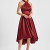 Semi-formal & Cocktail | A-line One Shoulder V-Neck Halter Asymmetrical Stretch Satin Cocktail Dress With Ruffle Burgundy – Womens