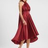 Semi-formal & Cocktail | A-line One Shoulder V-Neck Halter Asymmetrical Stretch Satin Cocktail Dress With Ruffle Burgundy – Womens