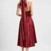 Semi-formal & Cocktail | A-line One Shoulder V-Neck Halter Asymmetrical Stretch Satin Cocktail Dress With Ruffle Burgundy – Womens