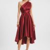 Semi-formal & Cocktail | A-line One Shoulder V-Neck Halter Asymmetrical Stretch Satin Cocktail Dress With Ruffle Burgundy – Womens