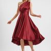 Semi-formal & Cocktail | A-line One Shoulder V-Neck Halter Asymmetrical Stretch Satin Cocktail Dress With Ruffle Burgundy – Womens