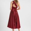 Semi-formal & Cocktail | A-line One Shoulder V-Neck Halter Asymmetrical Stretch Satin Cocktail Dress With Ruffle Burgundy – Womens