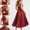 Semi-formal & Cocktail | A-line One Shoulder V-Neck Halter Asymmetrical Stretch Satin Cocktail Dress With Ruffle Burgundy – Womens