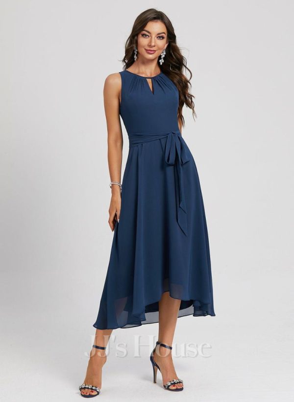 Semi-formal & Cocktail | A-line Scoop Asymmetrical Chiffon Cocktail Dress Navy Blue – Womens