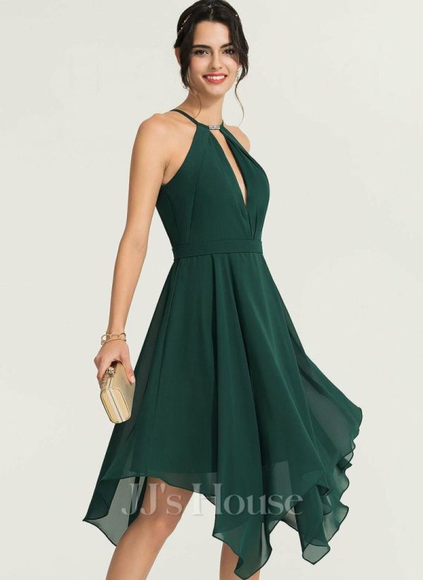 Semi-formal & Cocktail | A-line Scoop Asymmetrical Chiffon Cocktail Dress With Beading Dark Green – Womens