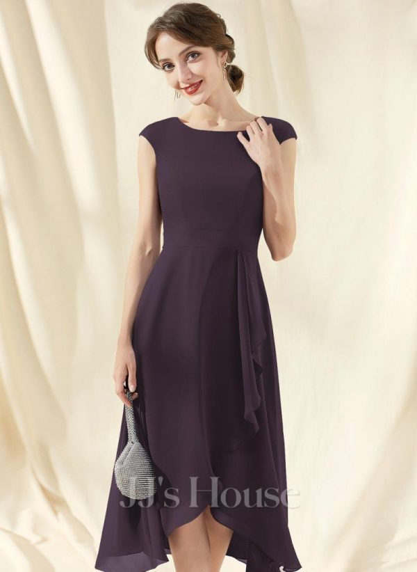 Semi-formal & Cocktail | A-line Scoop Asymmetrical Chiffon Cocktail Dress With Bow Cascading Ruffles Plum – Womens