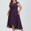 Semi-formal & Cocktail | A-line Scoop Asymmetrical Chiffon Cocktail Dress With Bow Cascading Ruffles Plum – Womens