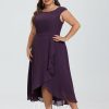 Semi-formal & Cocktail | A-line Scoop Asymmetrical Chiffon Cocktail Dress With Bow Cascading Ruffles Plum – Womens