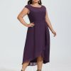 Semi-formal & Cocktail | A-line Scoop Asymmetrical Chiffon Cocktail Dress With Bow Cascading Ruffles Plum – Womens