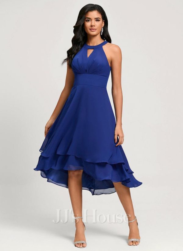 Semi-formal & Cocktail | A-line Scoop Asymmetrical Chiffon Cocktail Dress With Pleated As Picture – Womens