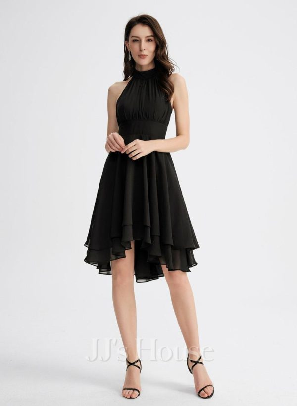 Semi-formal & Cocktail | A-line Scoop Asymmetrical Chiffon Cocktail Dress With Pleated Black – Womens