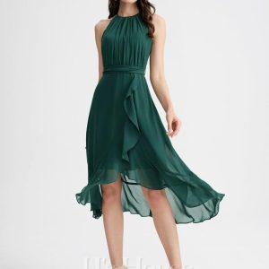 Semi-formal & Cocktail | A-line Scoop Asymmetrical Chiffon Cocktail Dress With Ruffle Bow Dark Green – Womens