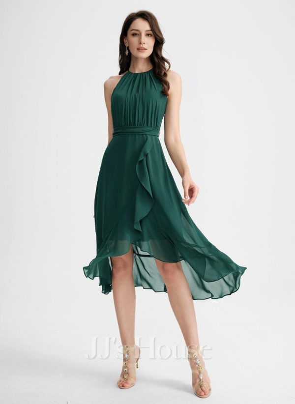 Semi-formal & Cocktail | A-line Scoop Asymmetrical Chiffon Cocktail Dress With Ruffle Bow Dark Green – Womens