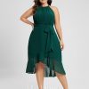 Semi-formal & Cocktail | A-line Scoop Asymmetrical Chiffon Cocktail Dress With Ruffle Bow Dark Green – Womens