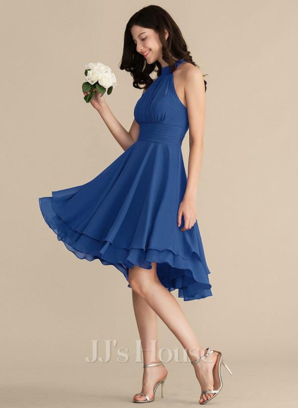 Semi-formal & Cocktail | A-line Scoop Asymmetrical Chiffon Cocktail Dress With Ruffle Royal Blue – Womens