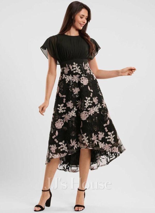 Semi-formal & Cocktail | A-line Scoop Asymmetrical Lace Chiffon Cocktail Dress With Sequins As Picture – Womens