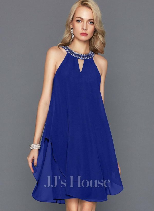 Semi-formal & Cocktail | A-line Scoop Knee-Length Chiffon Cocktail Dress With Beading As Picture – Womens