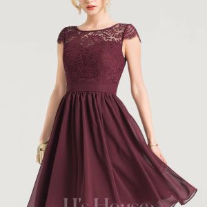 Semi-formal & Cocktail | A-line Scoop Knee-Length Lace Chiffon Cocktail Dress As Picture – Womens