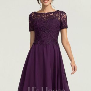 Semi-formal & Cocktail | A-line Scoop Knee-Length Lace Chiffon Cocktail Dress Grape – Womens