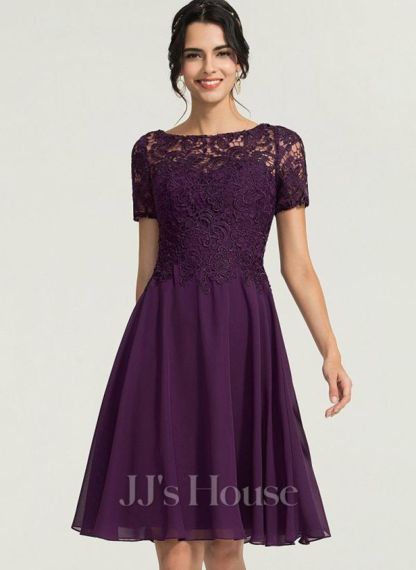 Semi-formal & Cocktail | A-line Scoop Knee-Length Lace Chiffon Cocktail Dress Grape – Womens