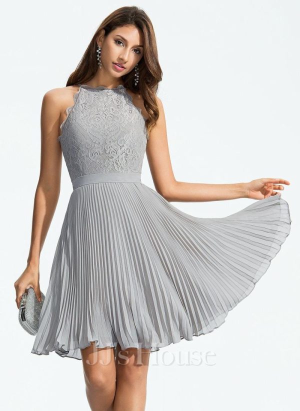 Semi-formal & Cocktail | A-line Scoop Knee-Length Lace Chiffon Cocktail Dress With Pleated Silver – Womens